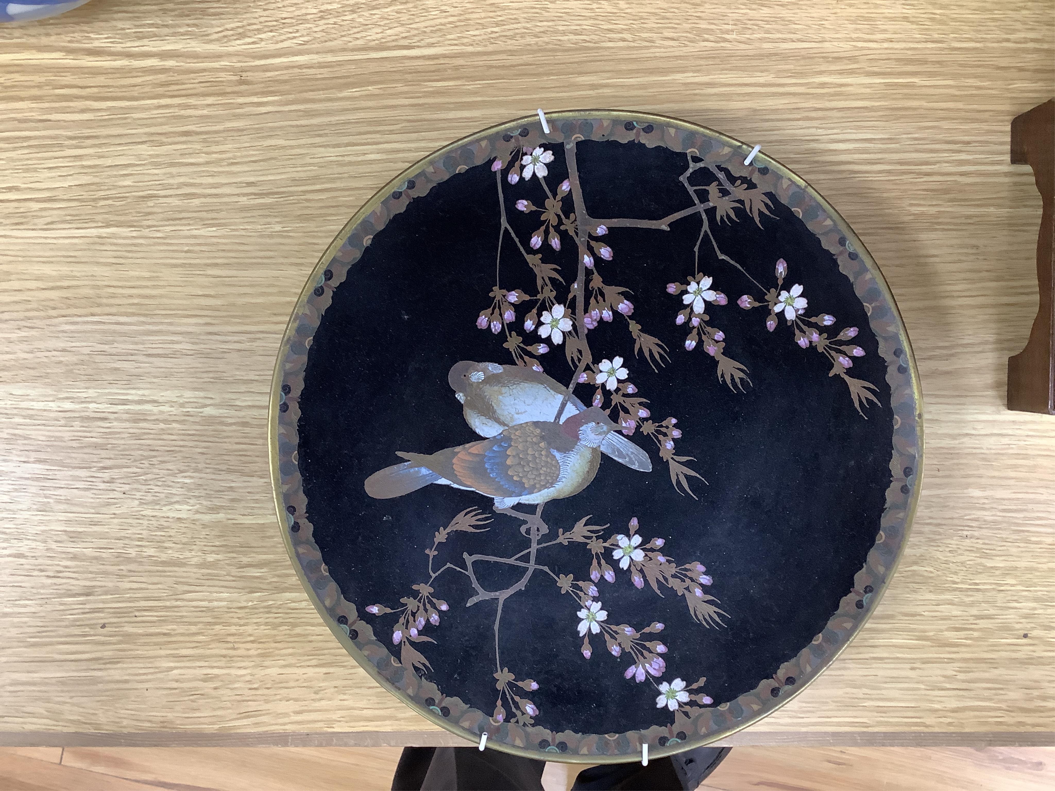 A Japanese cloisonné dish decorated with bird together with Chinese vase, largest 30cm in diameter. Condition - fair to good